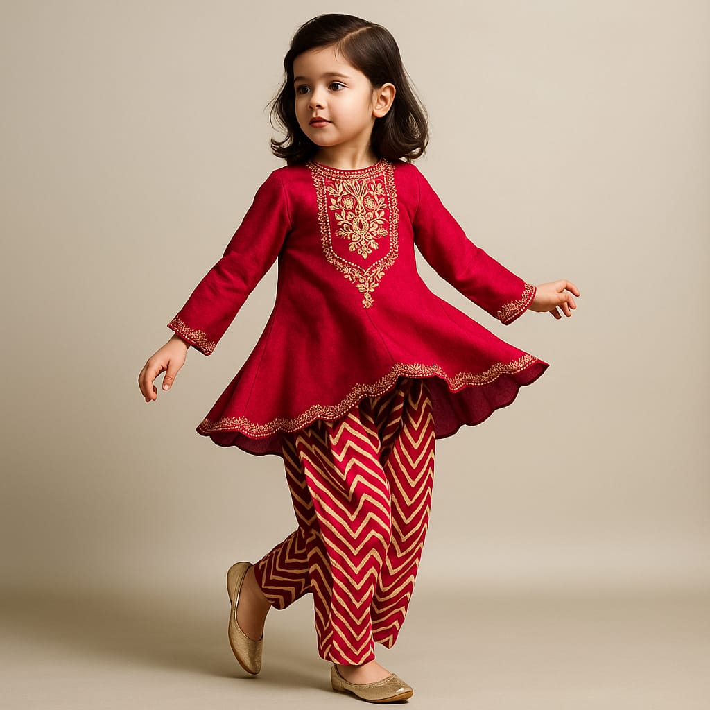Pre Order: Pink Embroidered High-Low Top With Printed Dhoti