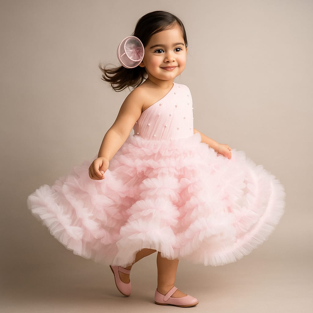 Pre Order: Swirl One Shoulder Frilled Dress Baby pink