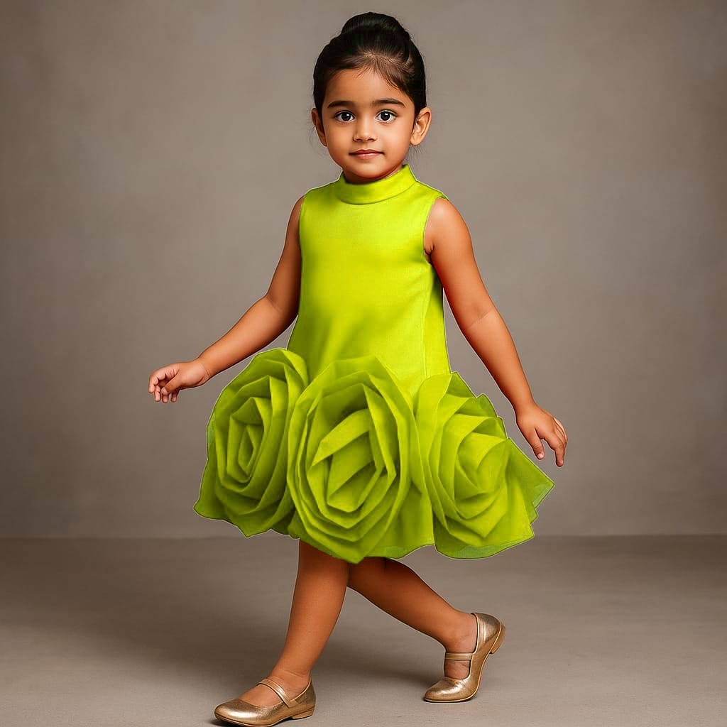 Pre Order: Organza Rose Detailed Neon Satin Dress