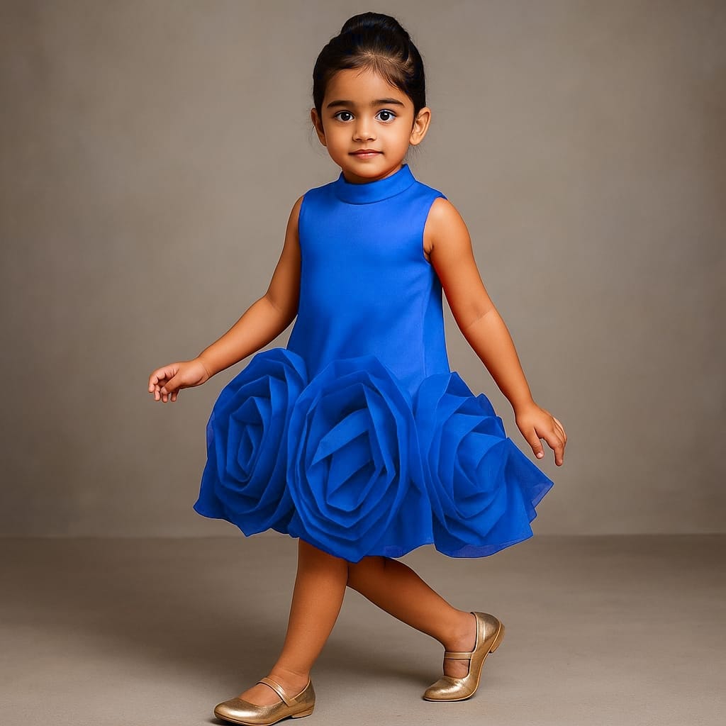 Pre Order: Organza Rose Detailed Blue Satin Dress