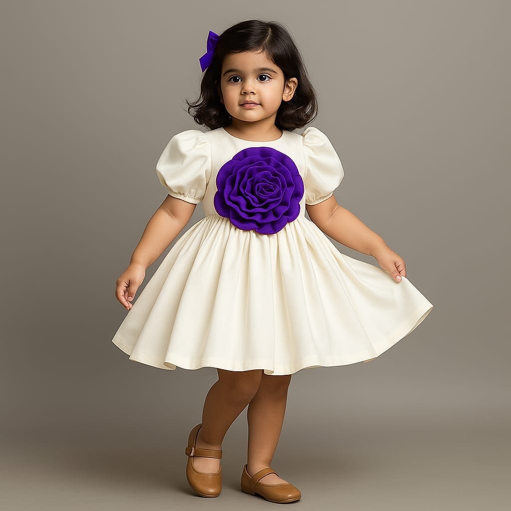 Pre Order: Purple Flower Adorned Elegant Off White Puff Sleeve Dress