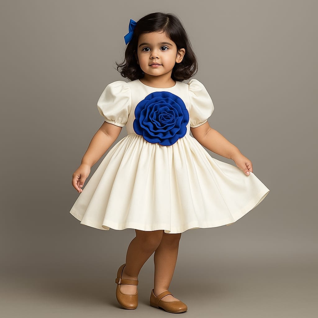 Pre Order: Blue Flower Adorned Elegant Off White Puff Sleeve Dress