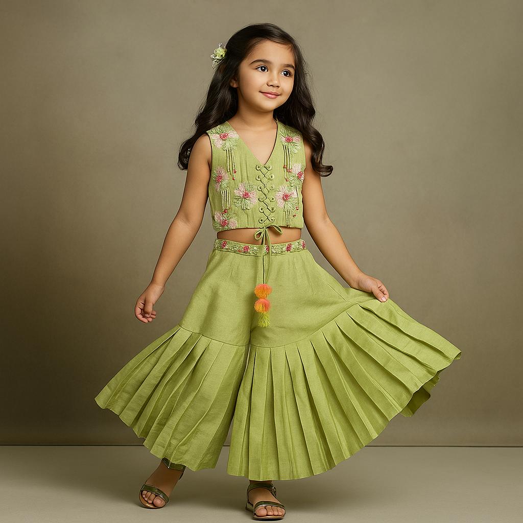 Pre Order: Multicolor Breaded Criss Cross Tie Up Top With Pleated Sharara