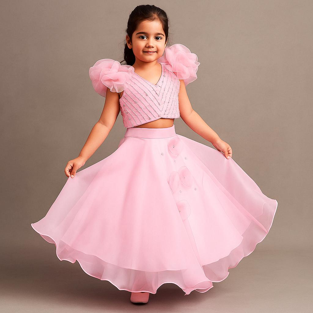 Pre Order: Pink Sequin Embellished Top With Lehenga
