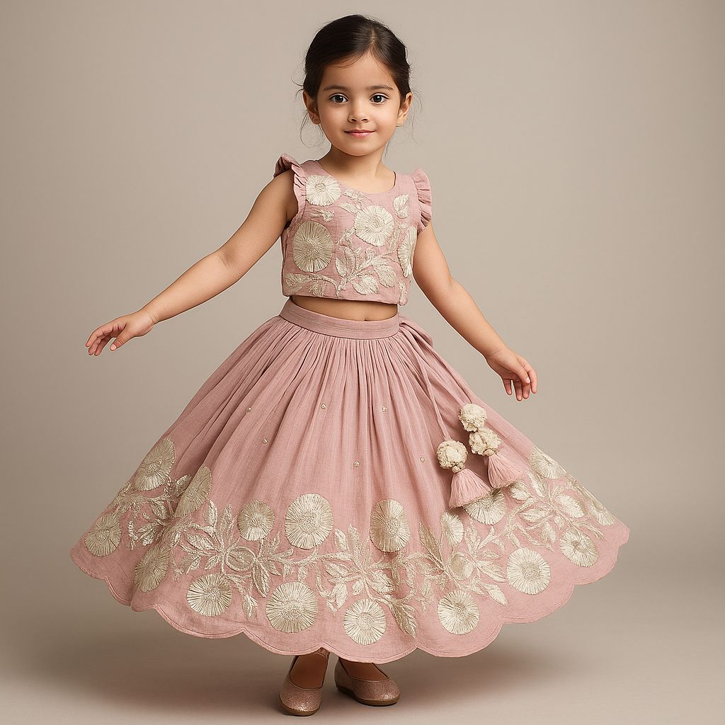 RTD Pre Order: Shimmery Pink Hand Embroidered Gota Laced Top With Flared Shimmery Lehenga
