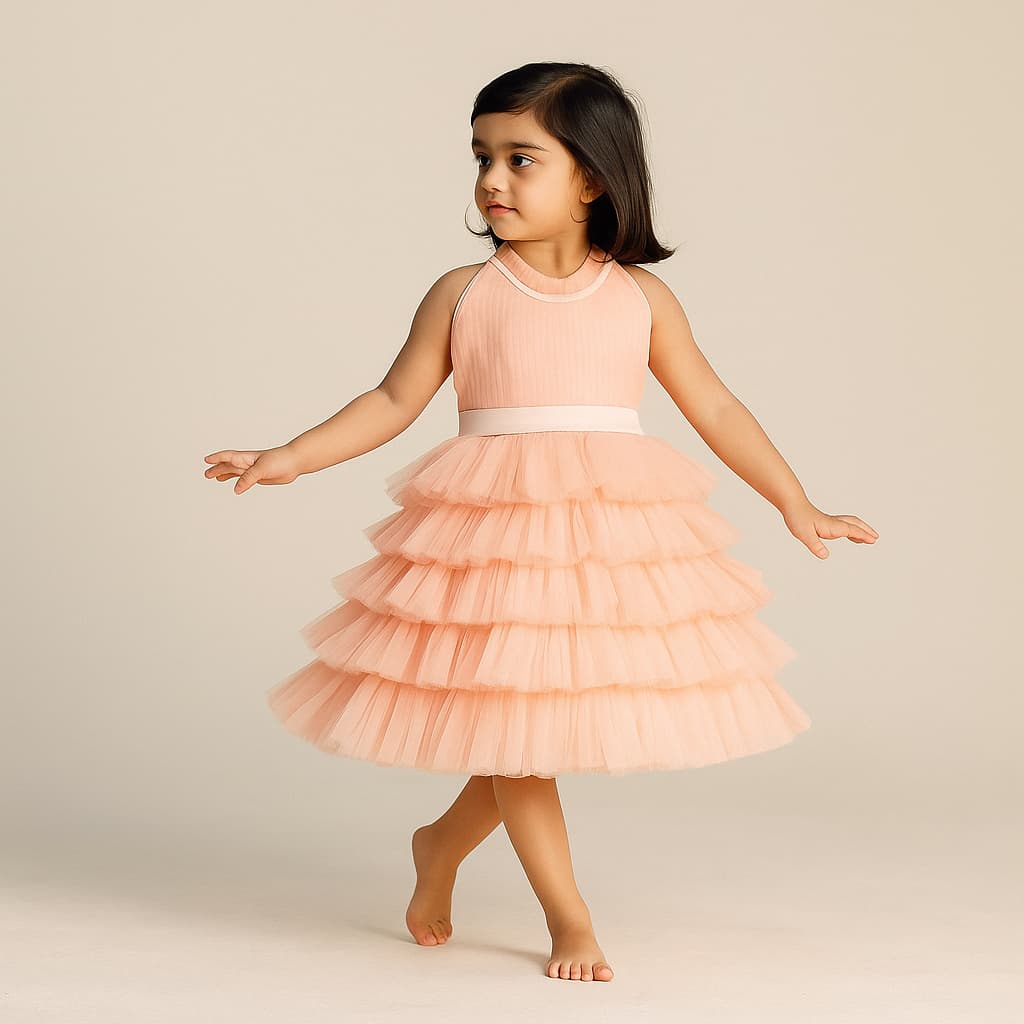 Pre Order: Pintuck Detailing And Frilly Layered Halter Neck Peach Dress With Matching Bowie Hair Band