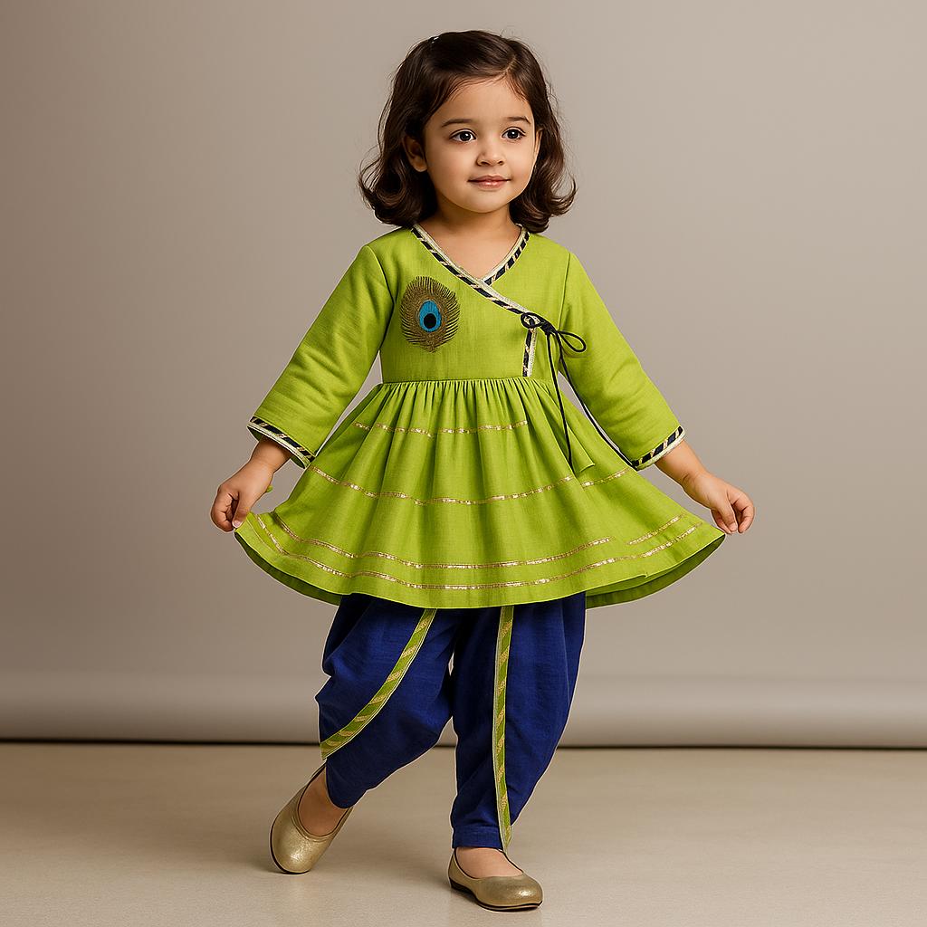 Pre Order: Gota Lace Detailed Green Kurti With Blue Dhoti