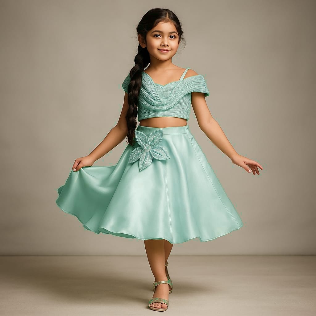 Pre Order: Sea Green Sequin Embellished Strappy Top With Stiff Belt And Skirt