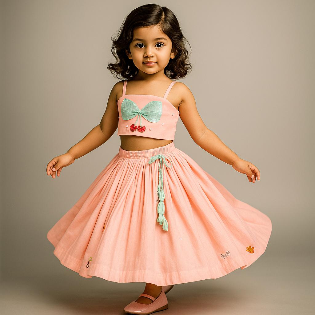 Pre Order: Peach Embroidered Silk Top With Lehenga