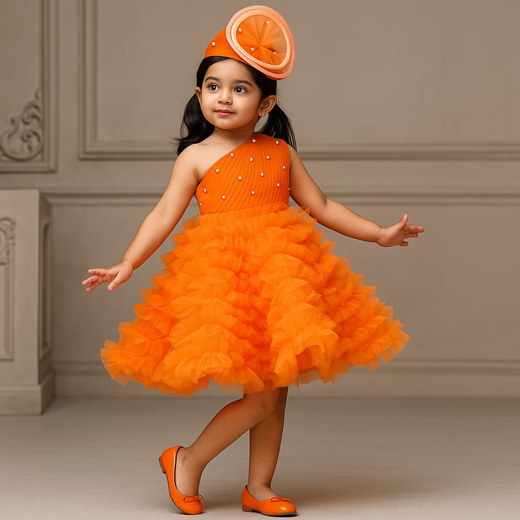 Pre Order: Swirl One Shoulder Frilled Dress Orange