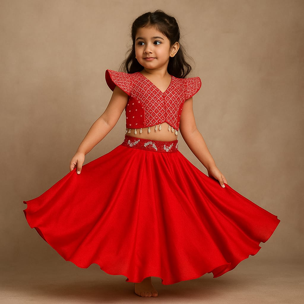 Pre Order: Sequin Embellished Red Top With Flared Lehenga