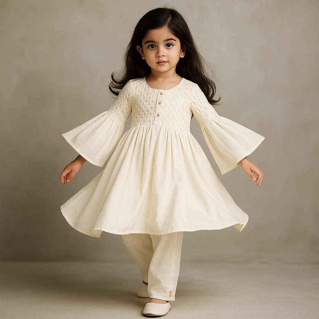 Pre Order: Off White bell Sleeves Kurti With Pant