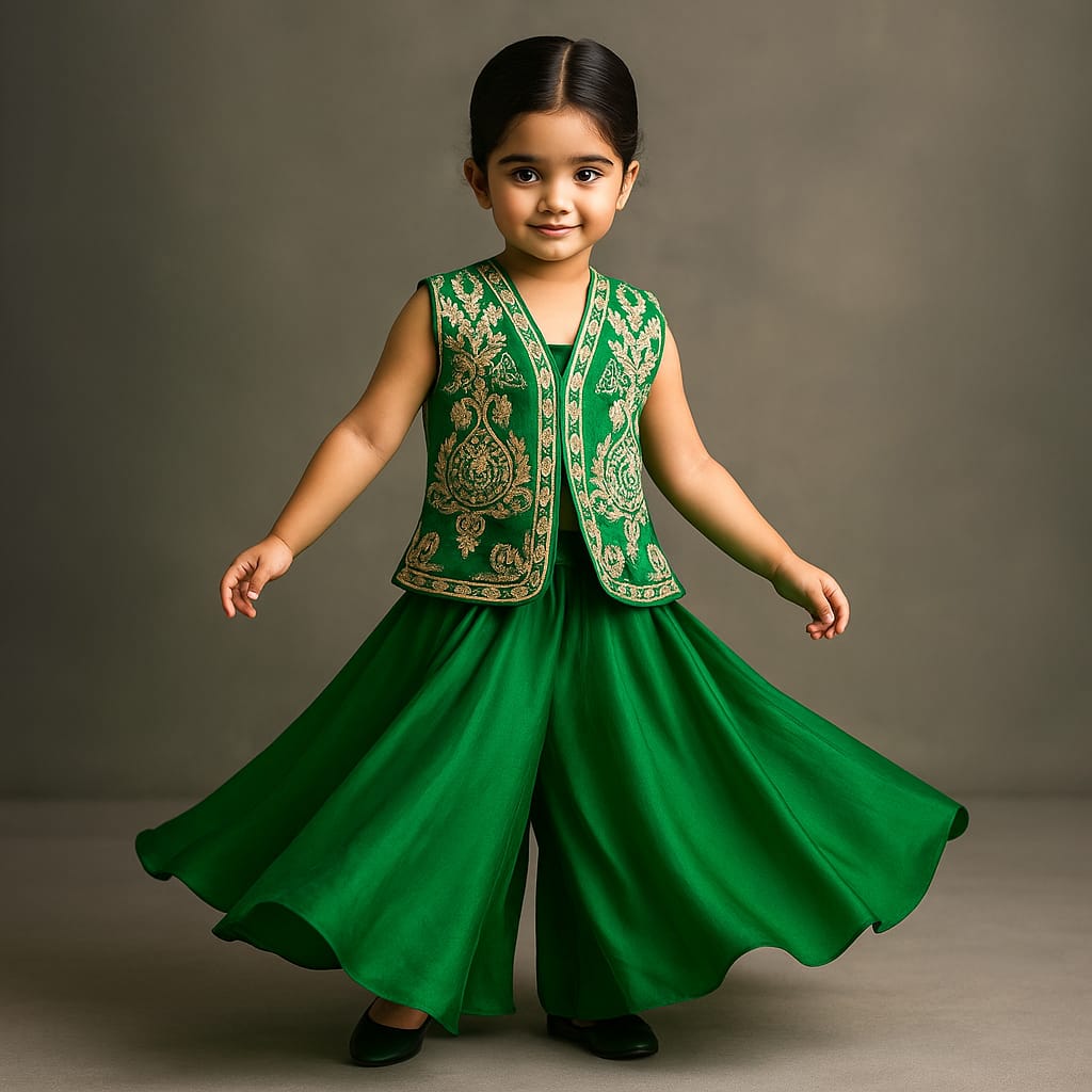 Pre Order: Green Floral Embroidered Satin Organza Top With Flared Palazzo