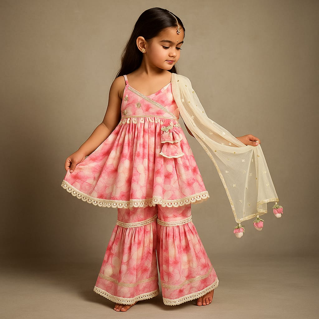 Pre Order: Pink Floral Print Strappy Kurta With Sharara And Dupatta
