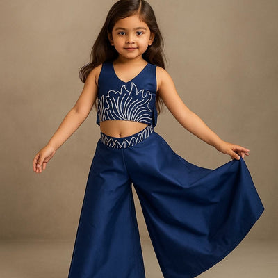 Pre Order: Dark Blue Halter Neck Back Bow Enhanced Top With Flared Palazzo