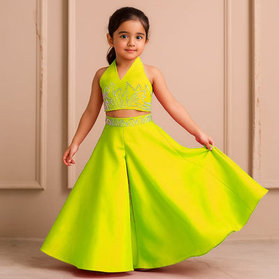Neon Halter Neck Back Bow Enhanced Top With Flared Palazzo