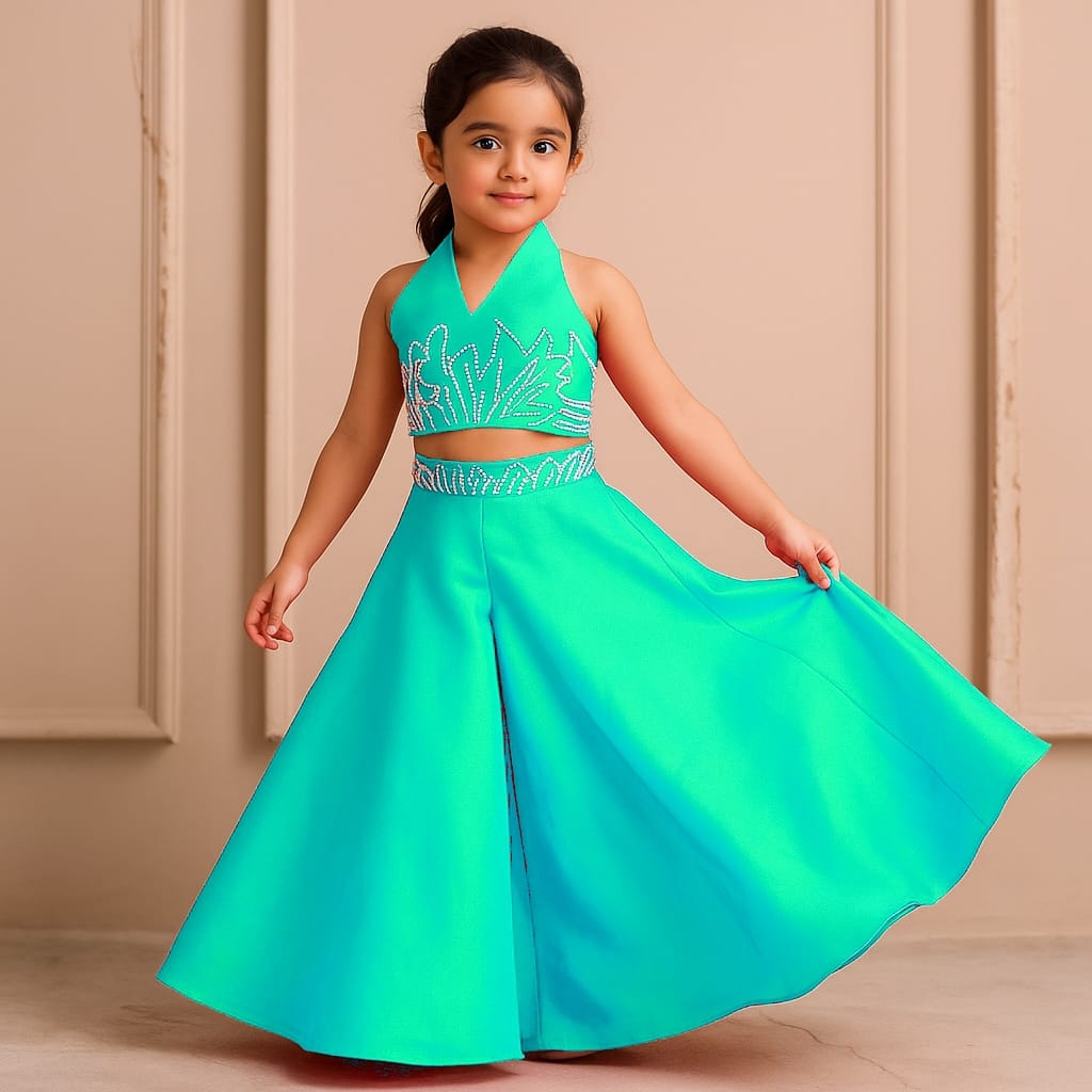 Pre Order: Sky Halter Neck Back Bow Enhanced Top With Flared Palazzo