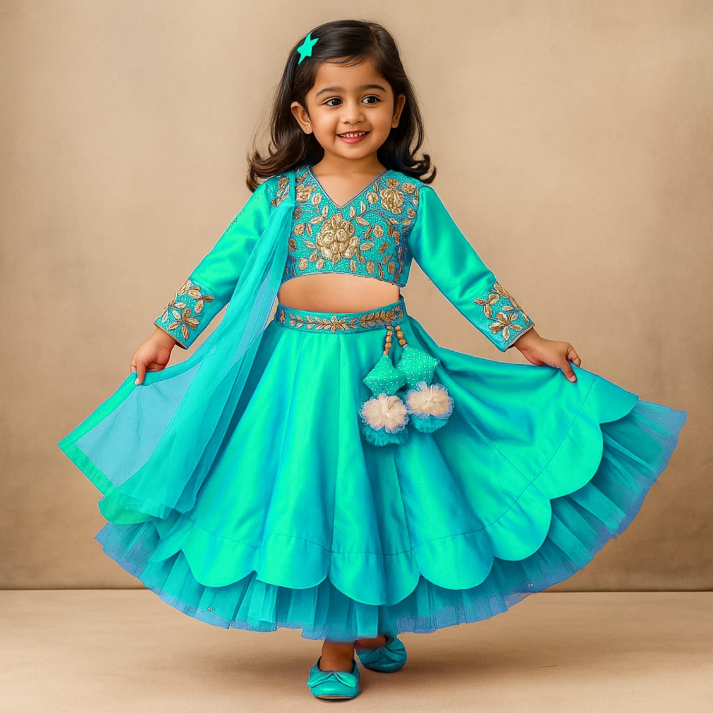 Pre Order: V Neck Floral Embroidered Sky Blue Top And Scalloped Hem Lehenga With Net Dupatta