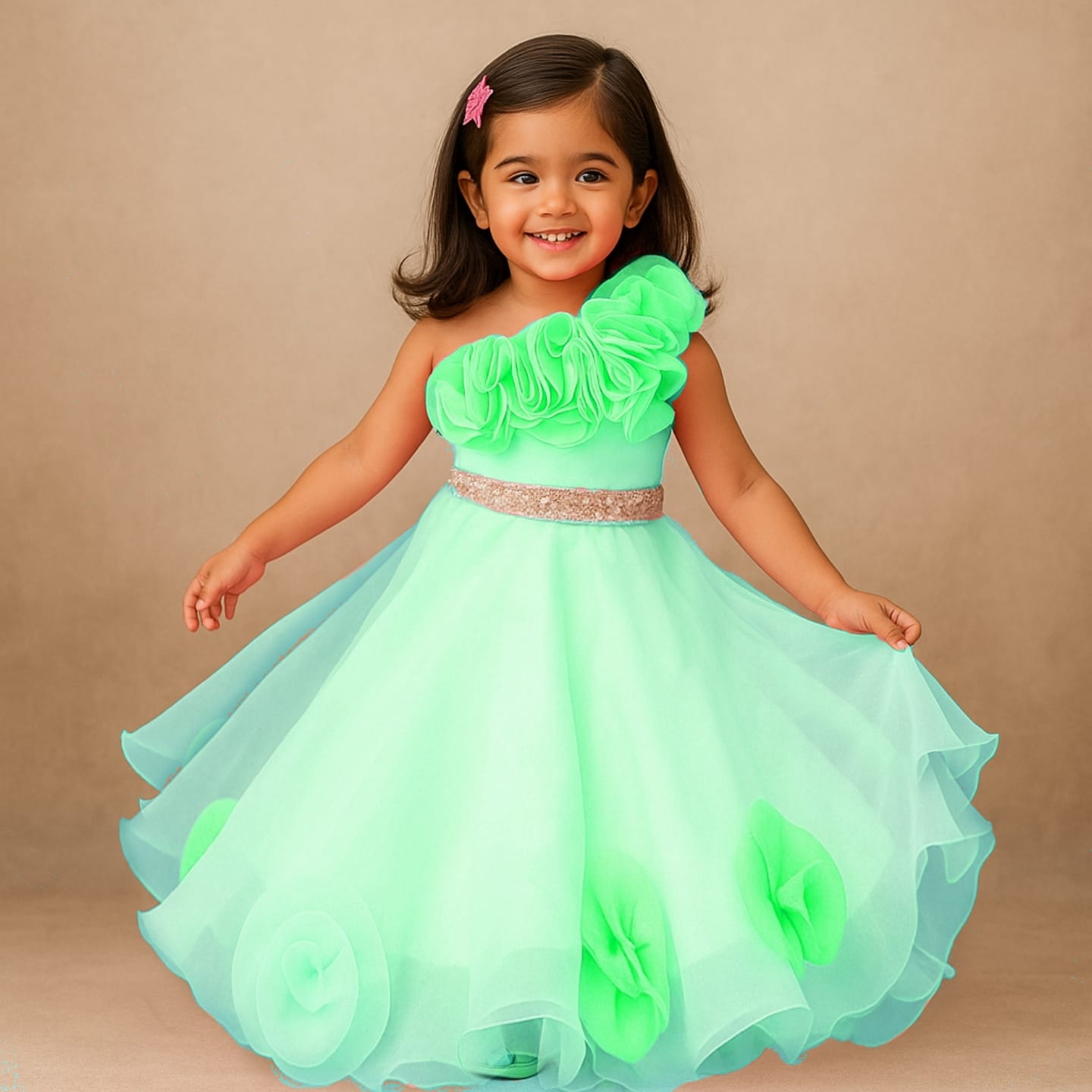 RTD Pre Order: Organza One Shoulder Green Top And Flower Adorned Flared Lehenga