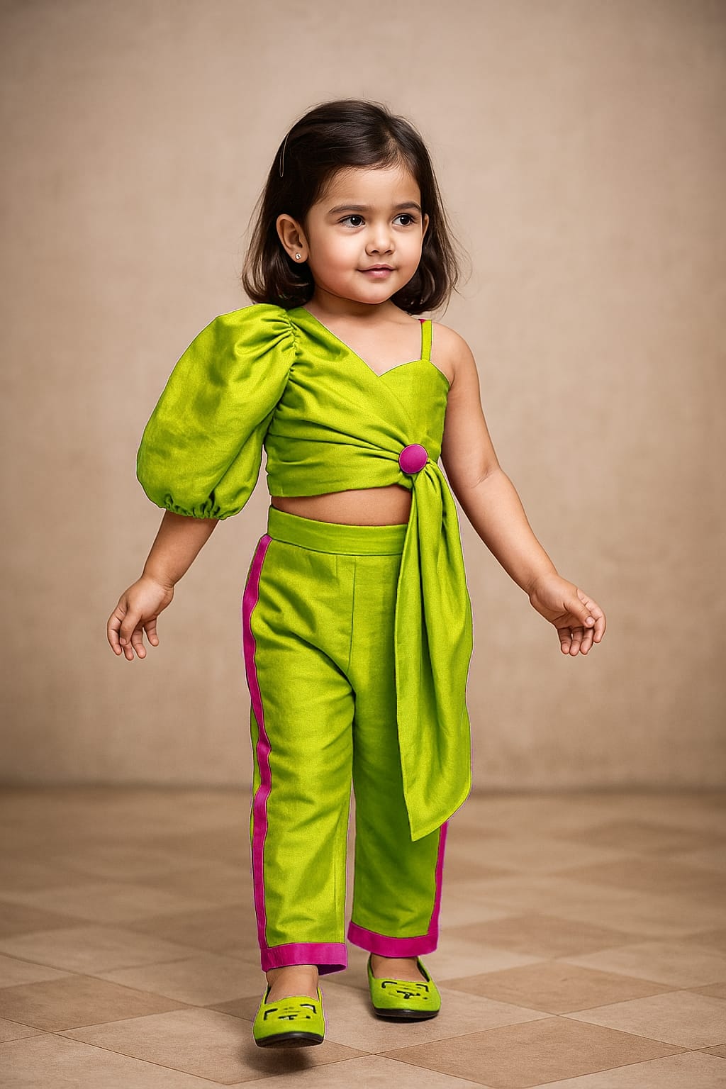 Pre Order: Contrasting Button Adorned Stylish Neon Crop Top And Pant