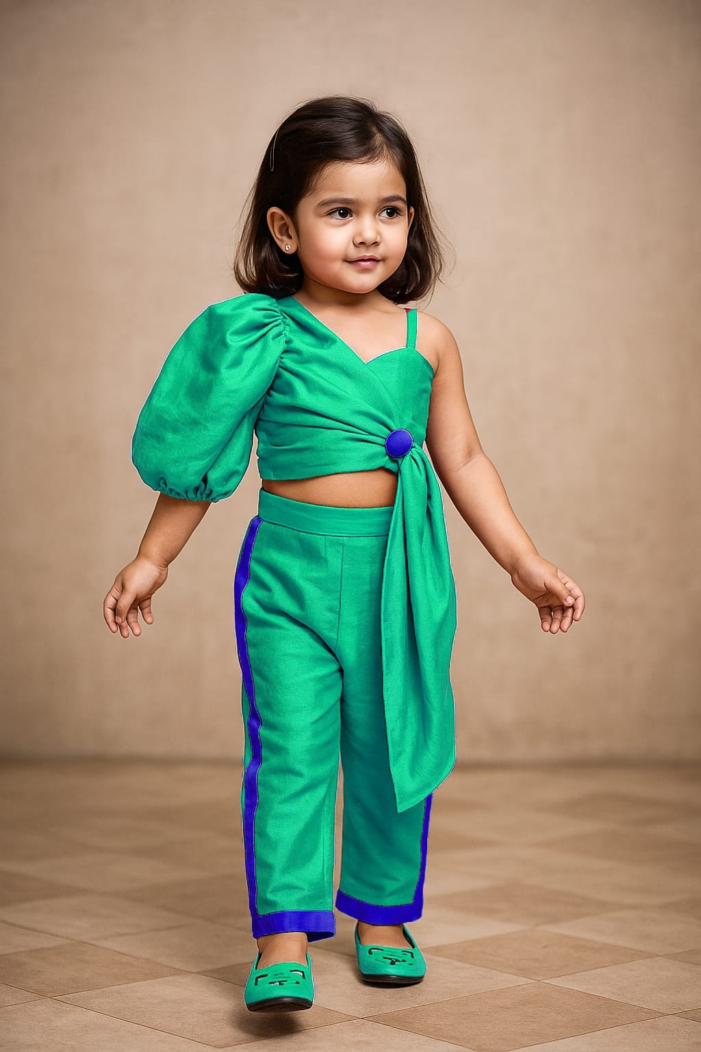 Pre Order: Contrasting Button Adorned Stylish Rama Crop Top And Pant