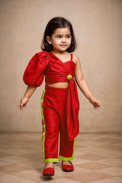 Pre Order: Contrasting Button Adorned Stylish Red Crop Top And Pant