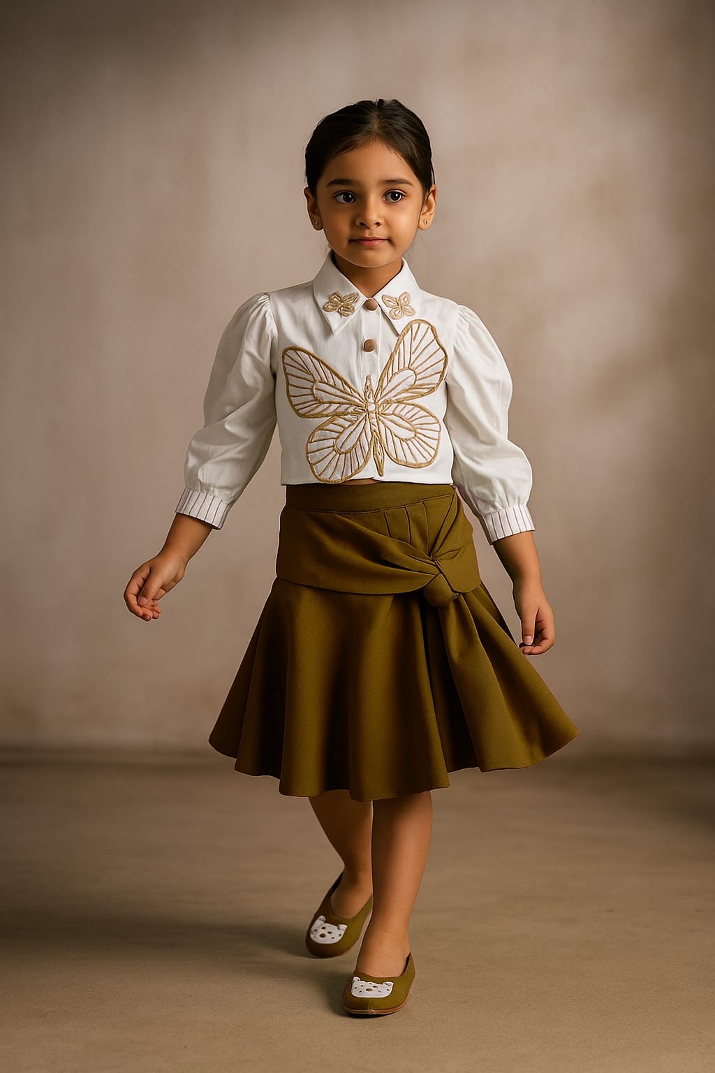 Pre Order: White Butterfly Embroidered Top With Stylish Olive Skirt