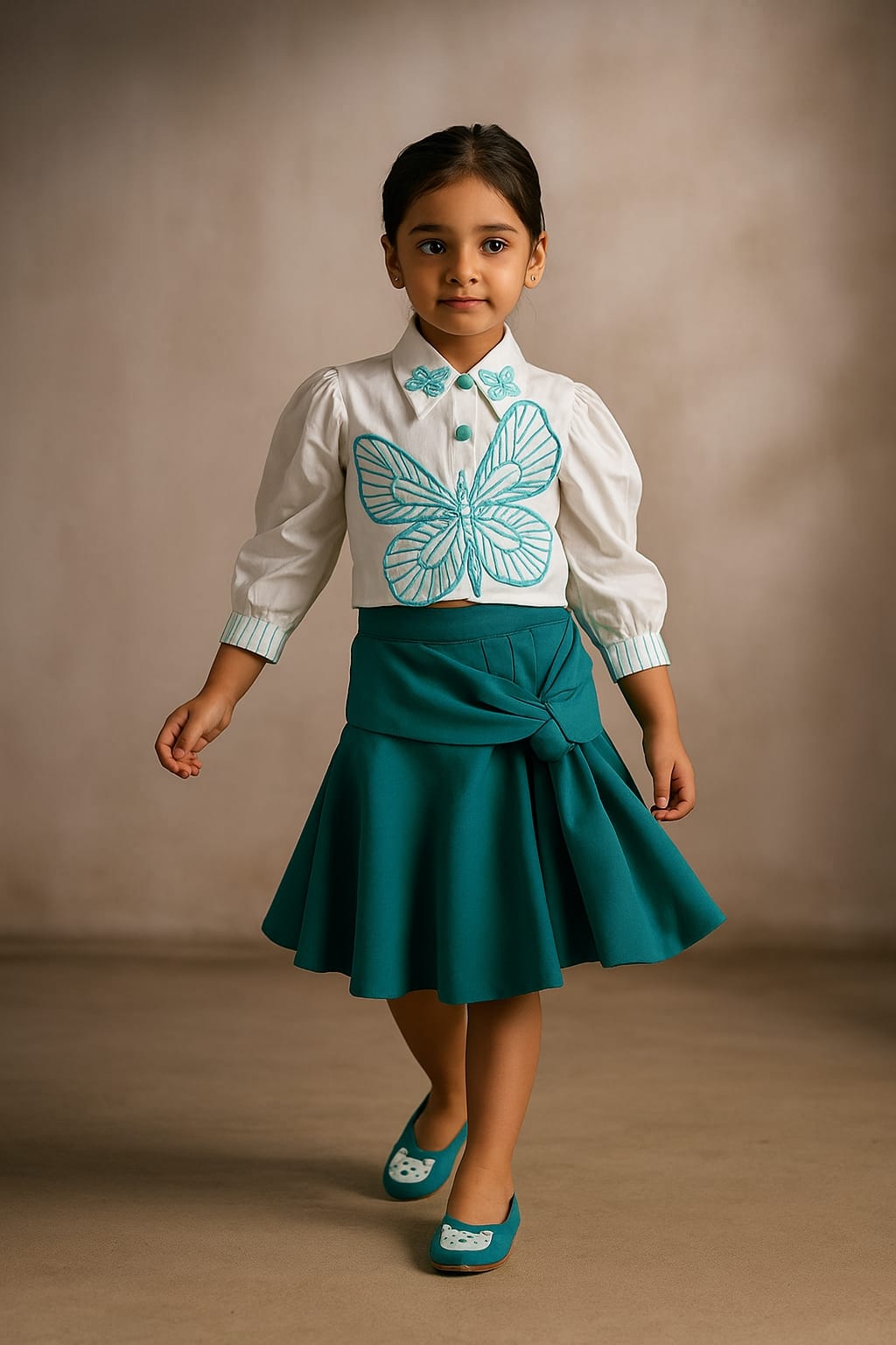 Pre Order: White Butterfly Embroidered Top With Stylish Rama Green Skirt