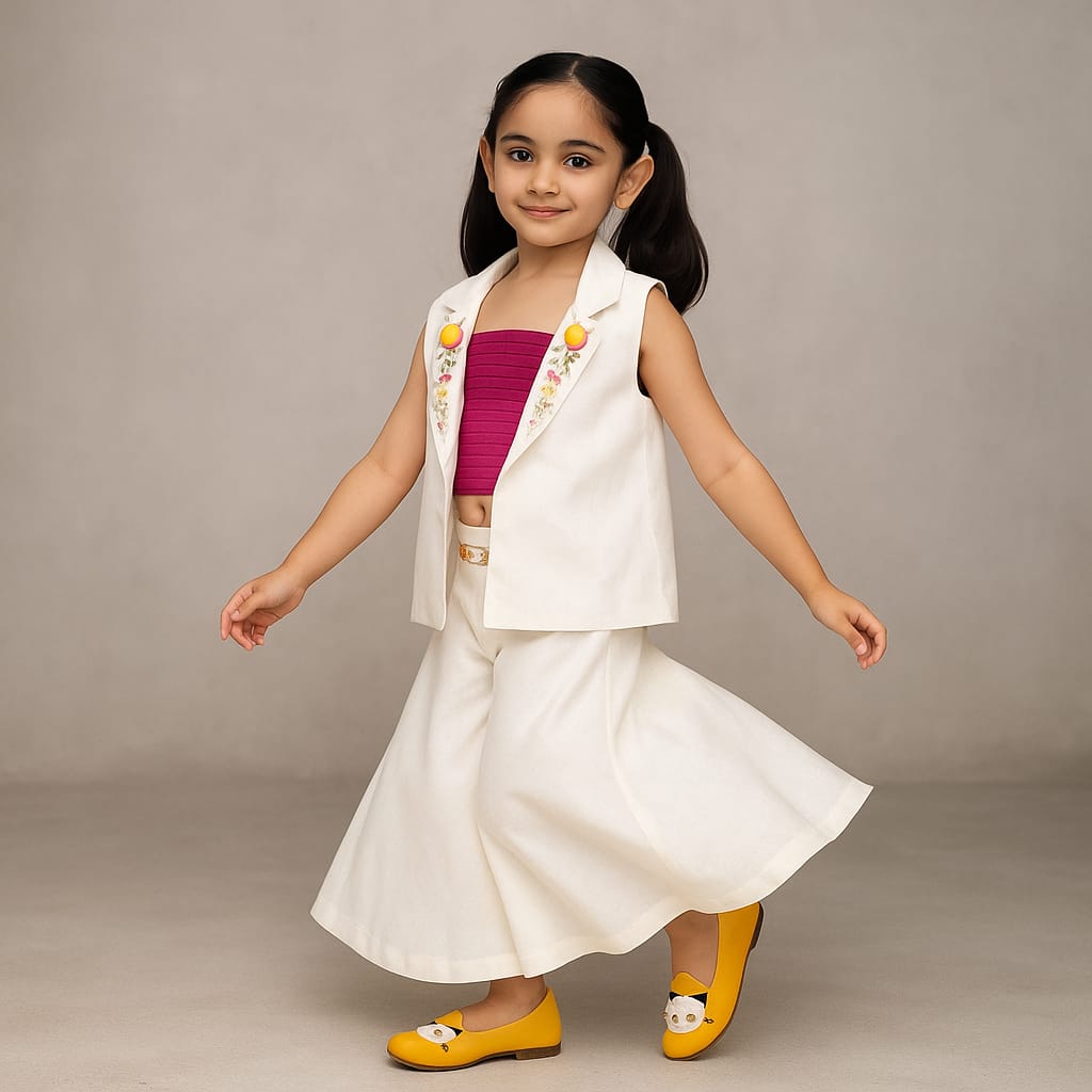 Pink Spaghetti Top With Coat Style Jacket And Palazzo With Sequin Embroidered Belt