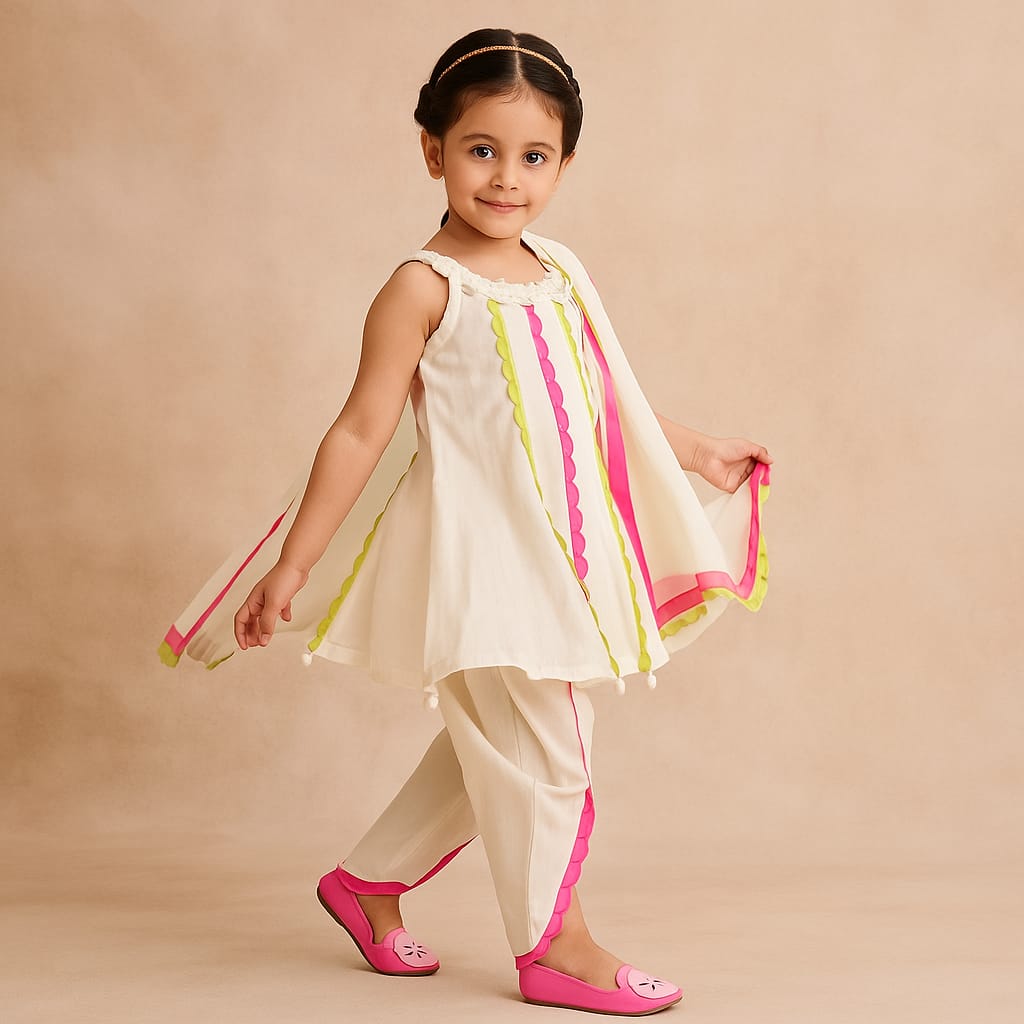 Pre Order: Scalloped Lace Detailed Kurti And Dhoti With Dupatta