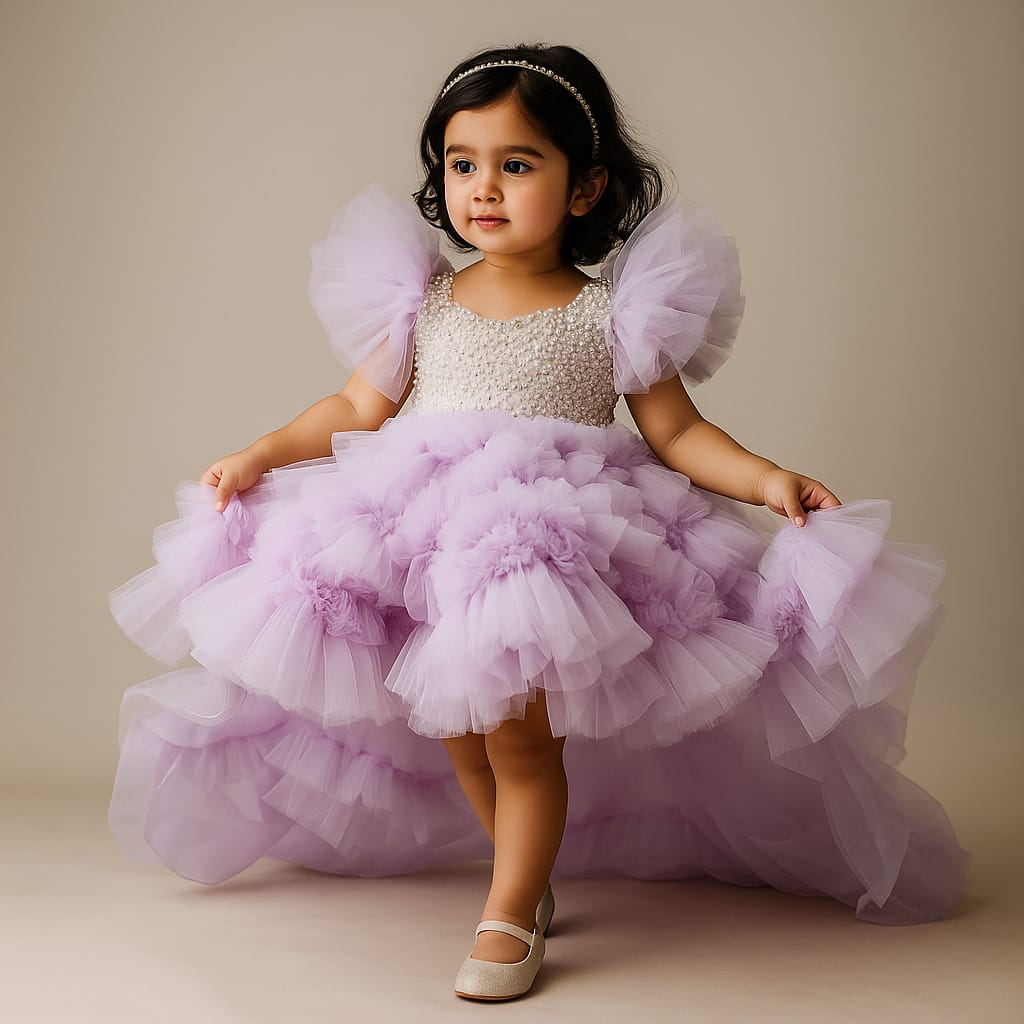 Pre Order: Embellished Layered Lilac Dress With Detachable Trail