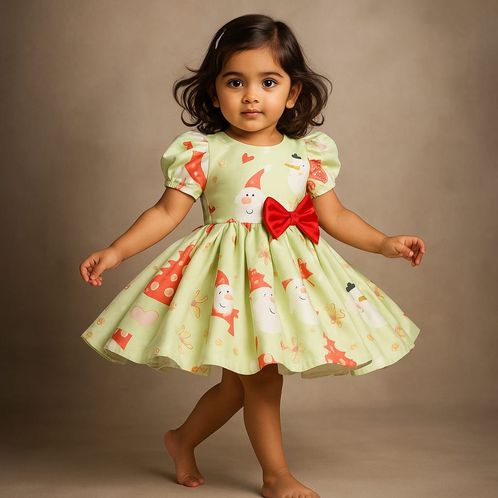 Pre Order: Christmas Theme Printed Green Flared Dress With Bowie Headband