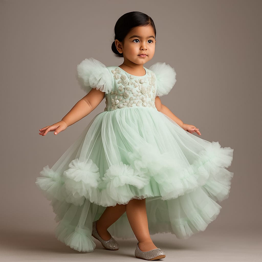 Pre Order: Green High Low Dress With Butterflies Embellished And Detachable Bow