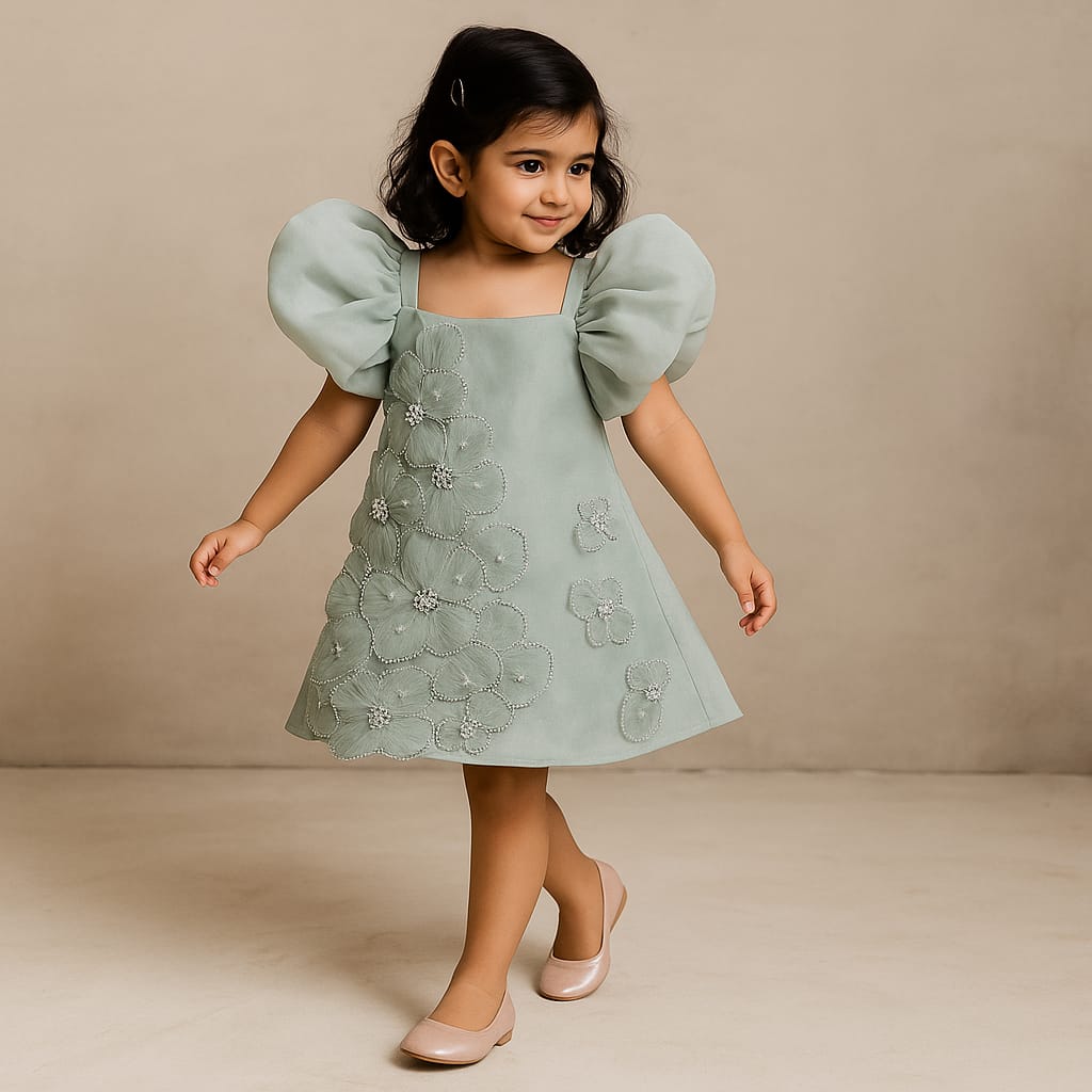 Pre Order: Artificial Flowers Embellished Teal Dress