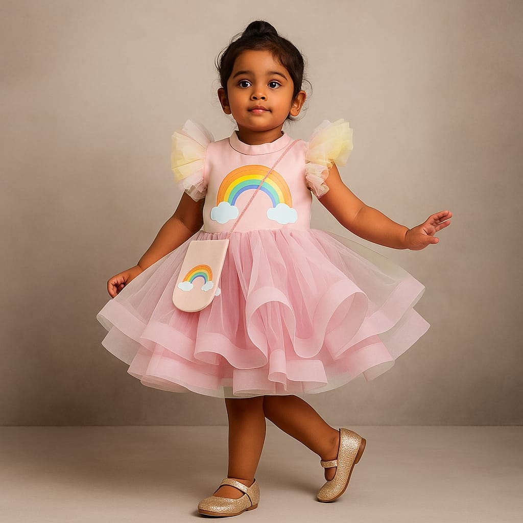 Pre Order: Peach Rainbow Dress With Matching Sling Bag