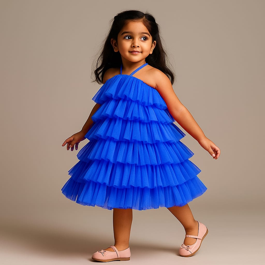 Pre Order: Blue Backless Net Ruffle Dress