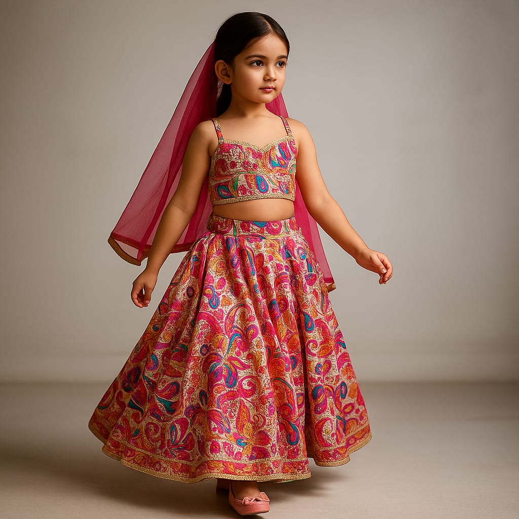 Pre Order: Printed Multicolour Strappy Top And Lehenga With Net Pink Dupatta