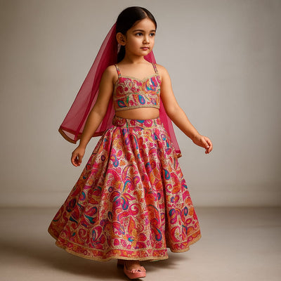 RTD Pre Order: Printed Multicolour Strappy Top And Lehenga With Net Pink Dupatta