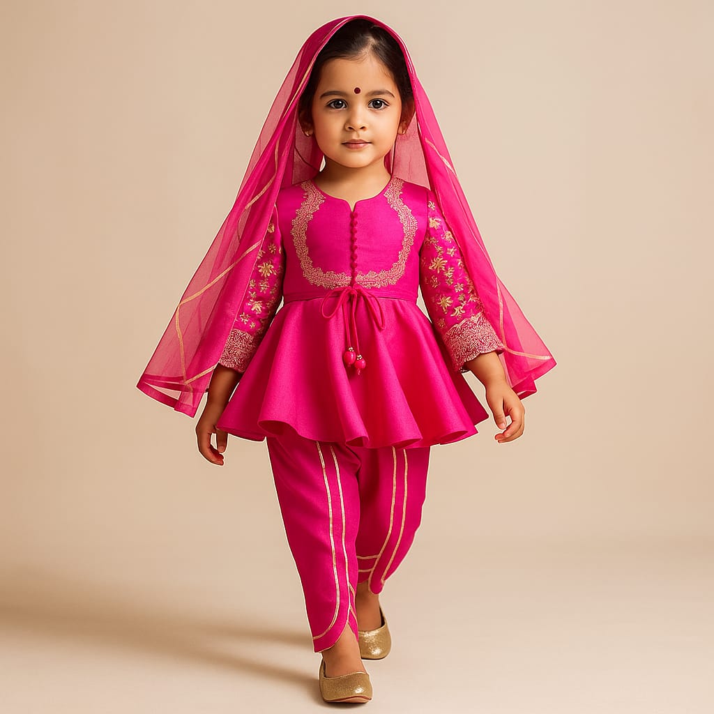Pre Order: Potli Buttons Detail Front Open Pink Kurti And Dhoti With Net Dupatta