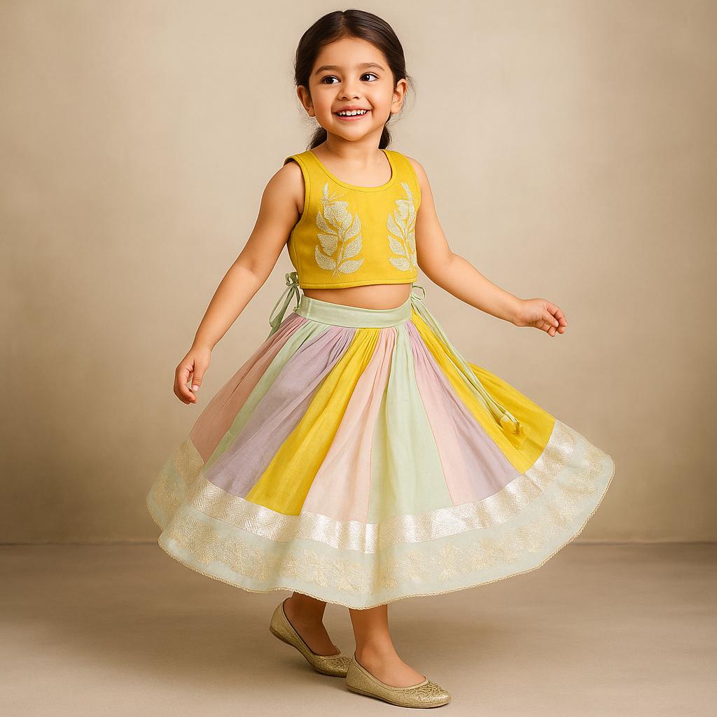 Pre Order: Yellow Gota Lace Embroidered Top And Colour Blocked Multicolor Lehenga