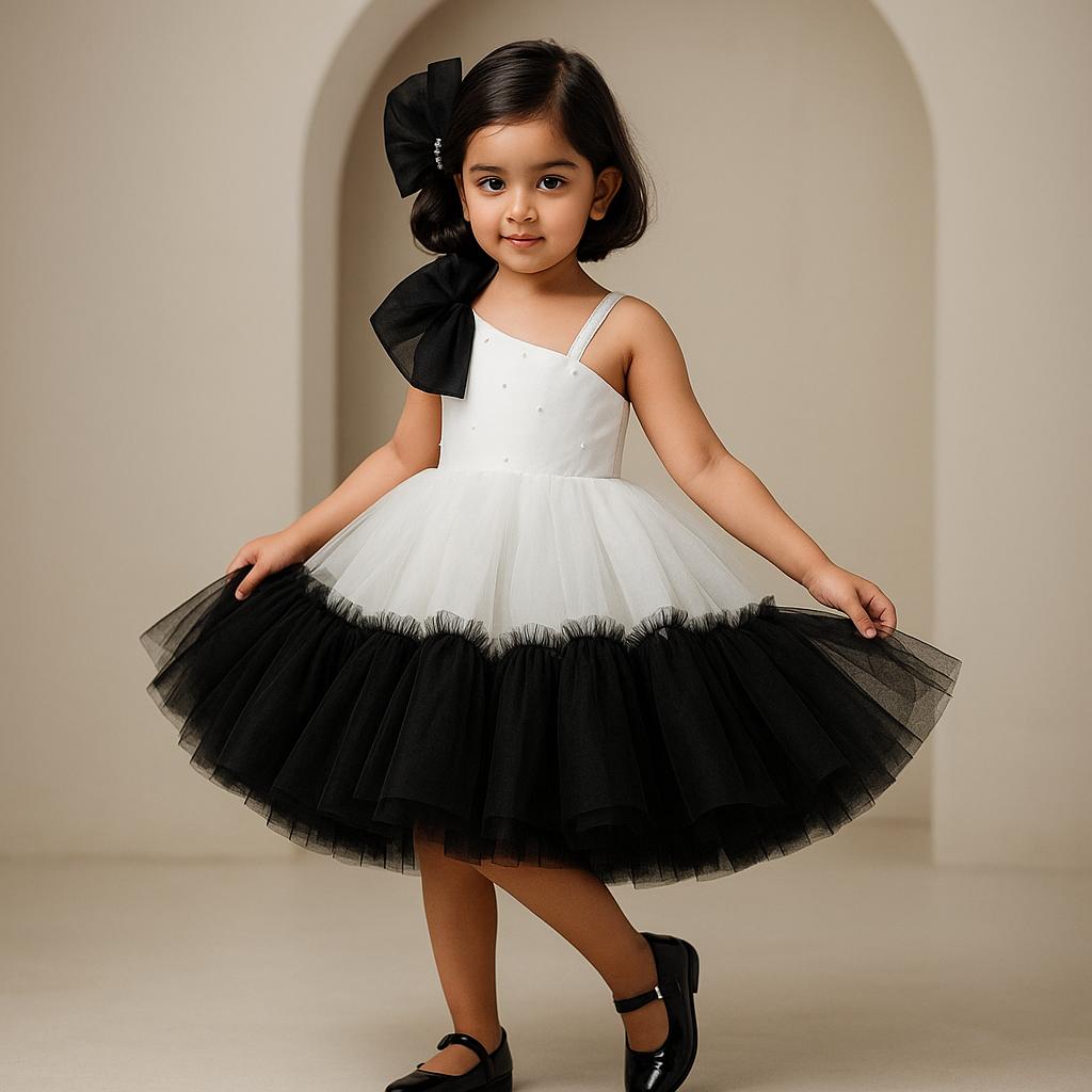 Pre Order: Classic Pearls Embellished Black And White Bowie Party Dress