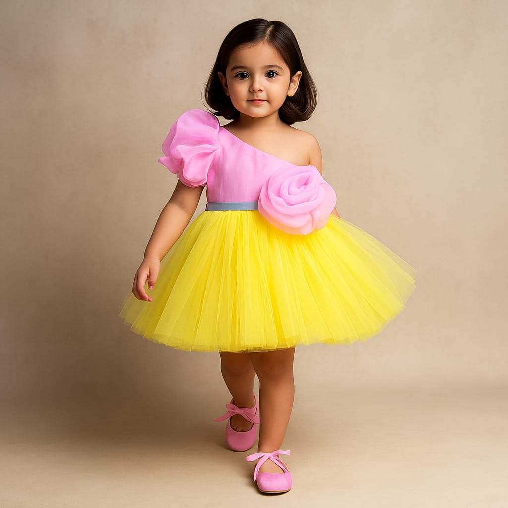 RTD Pre Order: Pink And Yellow Stylish One Shoulder Over Size Flower Dress