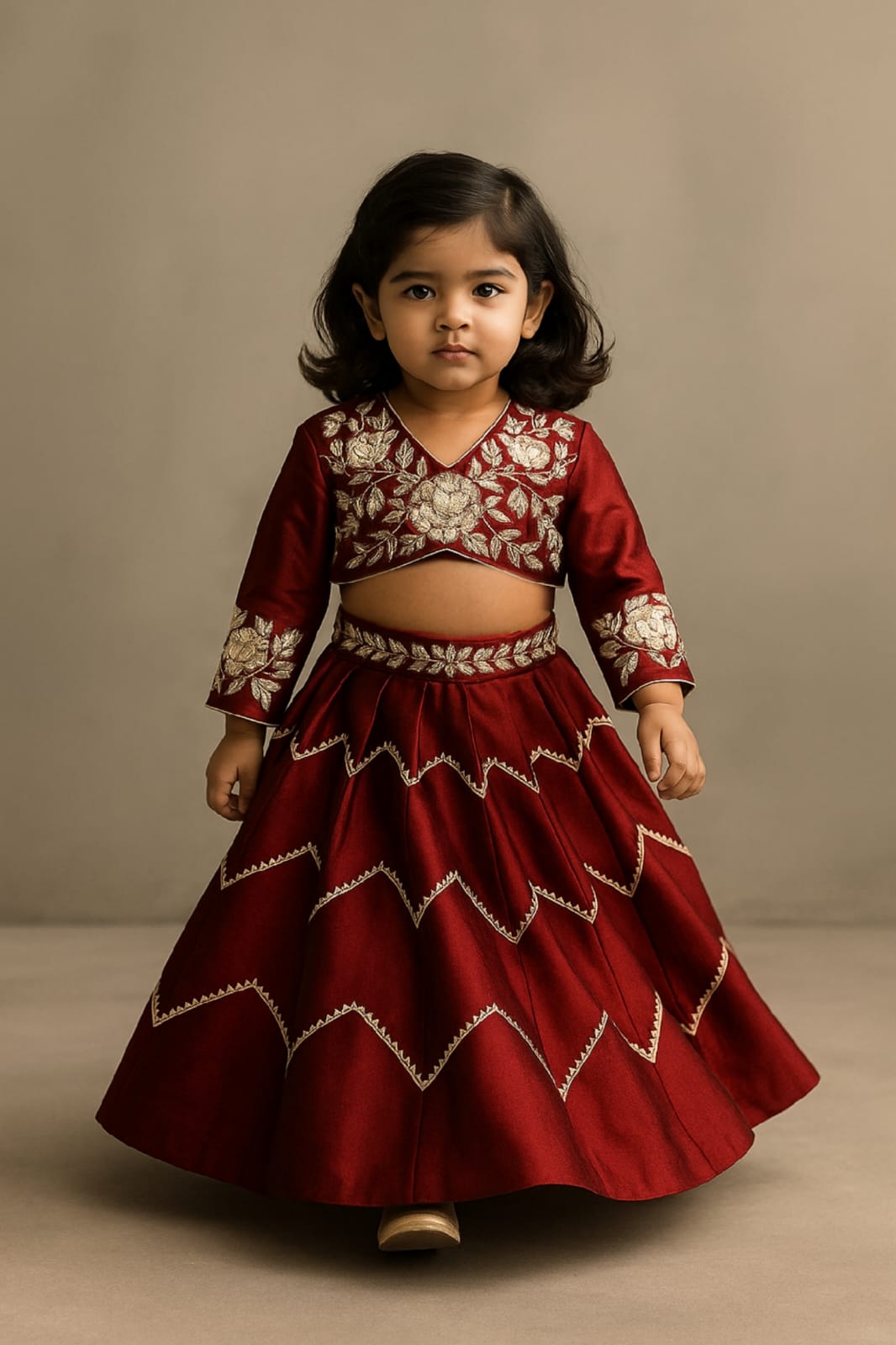 RTD Pre Order: Maroon Embroidered Top And Lehenga With Matching Net Dupatta