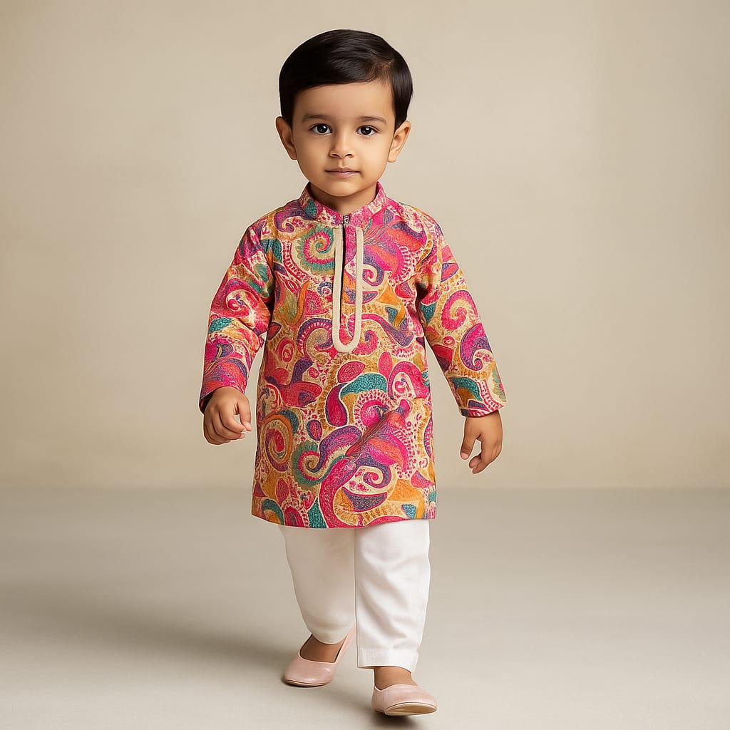 Pre Order: Ethnic Multicolour Printed Kurta And White Pyjama