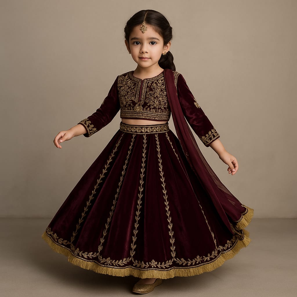 Pre Order: Velvet Embroidered Top And Lehenga With Dupatta