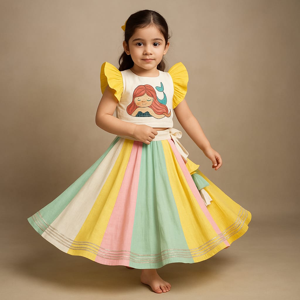 Pre Order: Mermaid Applique Embroidered Top And Colour Blocked Lehenga