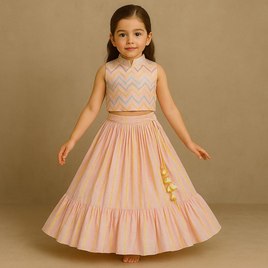 Pre Order: Pink Printed And Embroidered Top And Frill Lehenga