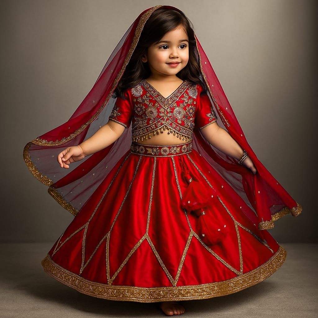 RTD Pre Order: Floral Embroidered Red Top And Lehenga With Matching Net Dupatta