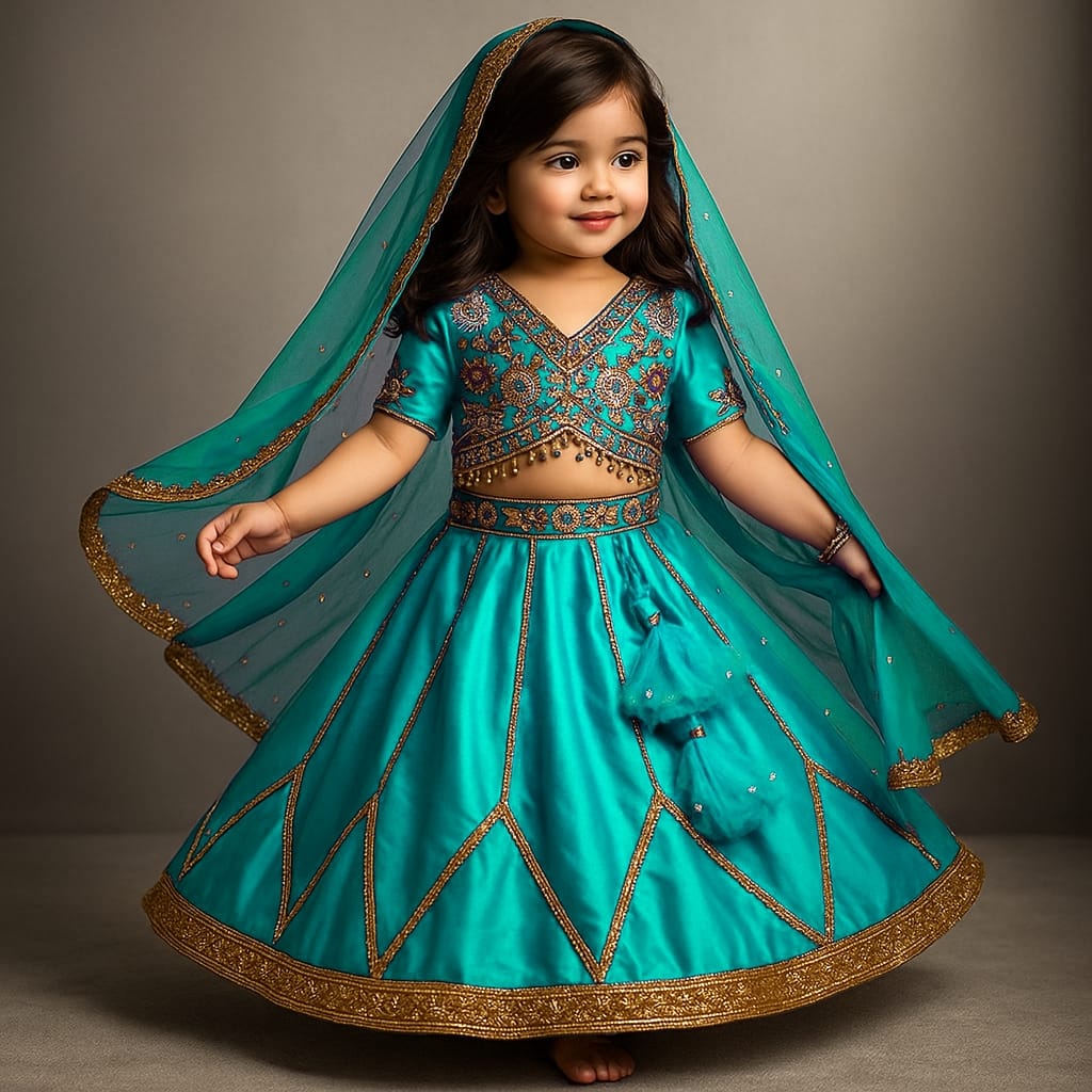 Pre Order: Floral Embroidered Teal Blue Top And Lehenga With Matching Net Dupatta