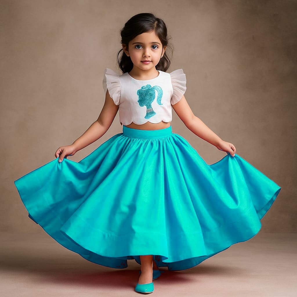 Pre Order: White And Sky Blue Embroidered Top And High Low Lehenga